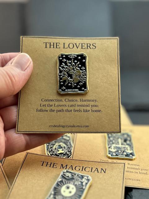 Tarot Card Enamel Pin with Tarot Meaning Card Lapel Pin The Magician, The Lovers, Strength & More Spiritual Gift for Tarot Lovers Tarot Pin