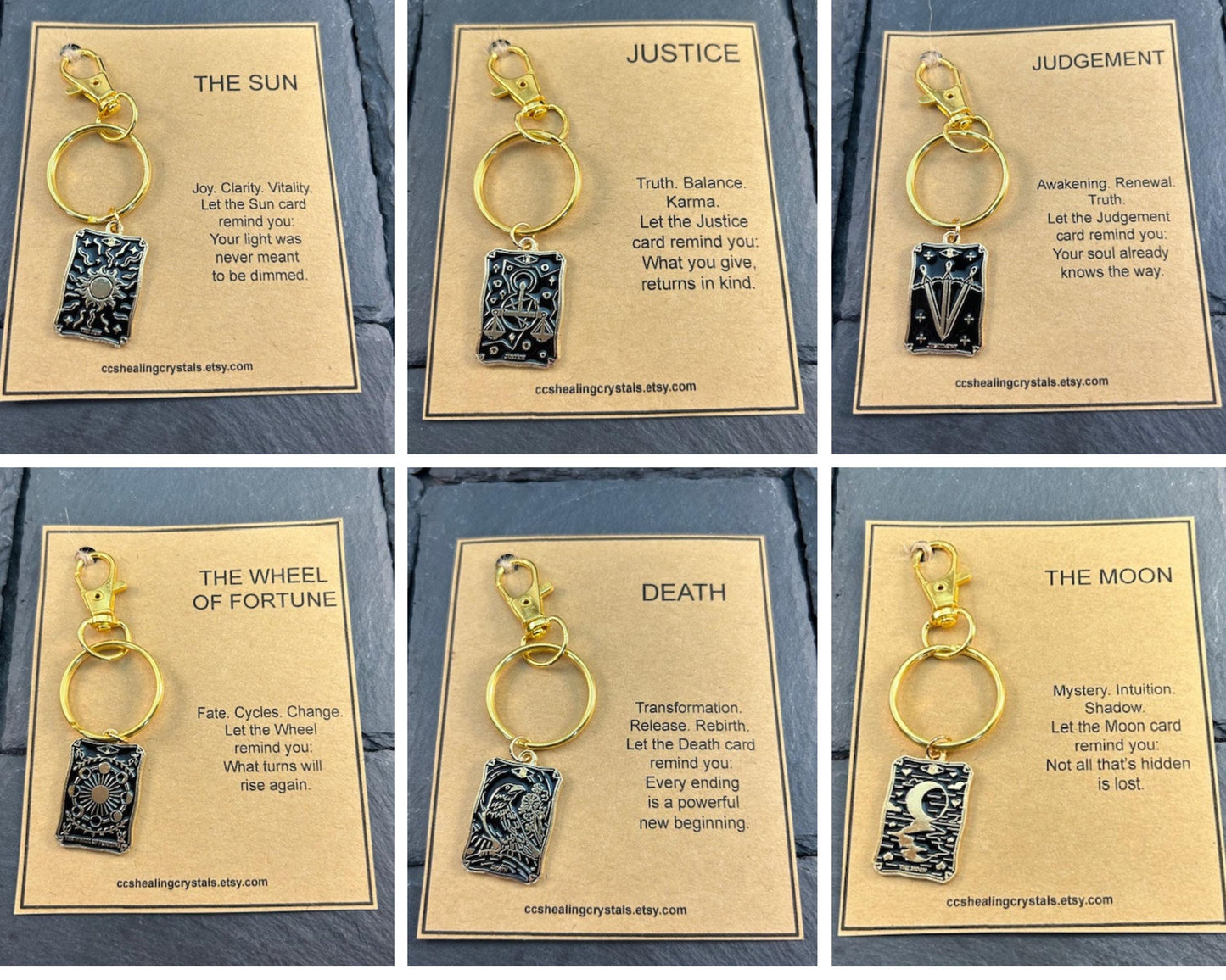 Tarot Card Keychain with Gift Card The Sun, Moon, Star, Death Card & More Gold Finish  Inspirational Tarot Gift , Purse Charm Backpack Charm