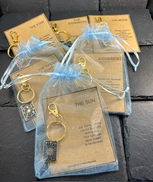 Tarot Card Keychain with Gift Card The Sun, Moon, Star, Death Card & More Gold Finish  Inspirational Tarot Gift , Purse Charm Backpack Charm