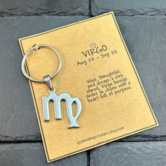 Virgo Zodiac Keychain Purse Bag Charm Gift Stainless Steel Pendant Handmade Message Card Astrology Sign Keyring  for Virgo Woman or Man