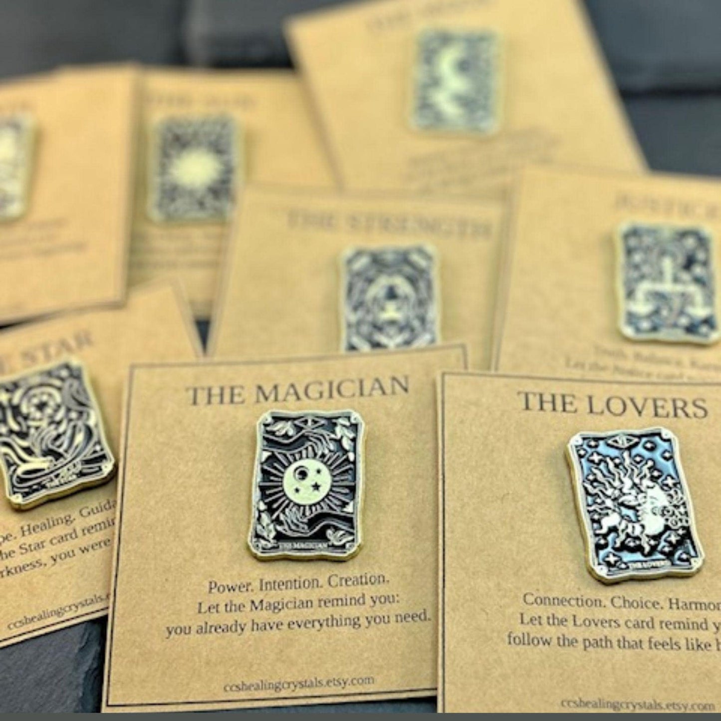 Tarot Card Enamel Pin with Tarot Meaning Card Lapel Pin The Magician, The Lovers, Strength & More Spiritual Gift for Tarot Lovers Tarot Pin