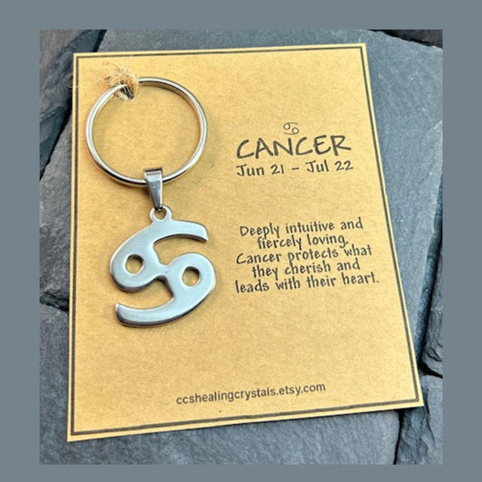 Cancer Zodiac Keychain Purse Bag Charm Gift Stainless Steel Pendant Handmade Message Card Astrology Sign Keyring  for Cancer Woman or Man