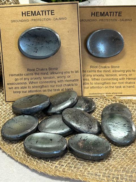 Natural Crystal Worry Stone , Hematite Thumb Stone ,Root Chakra , Palm Stone, Pocket Stone Gift , Smooth Gemstone, Gifts for Friends Him Her