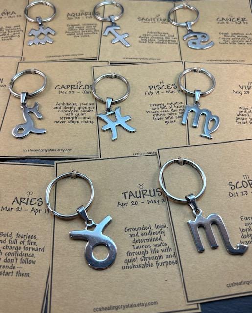 Virgo Zodiac Keychain Purse Bag Charm Gift Stainless Steel Pendant Handmade Message Card Astrology Sign Keyring  for Virgo Woman or Man