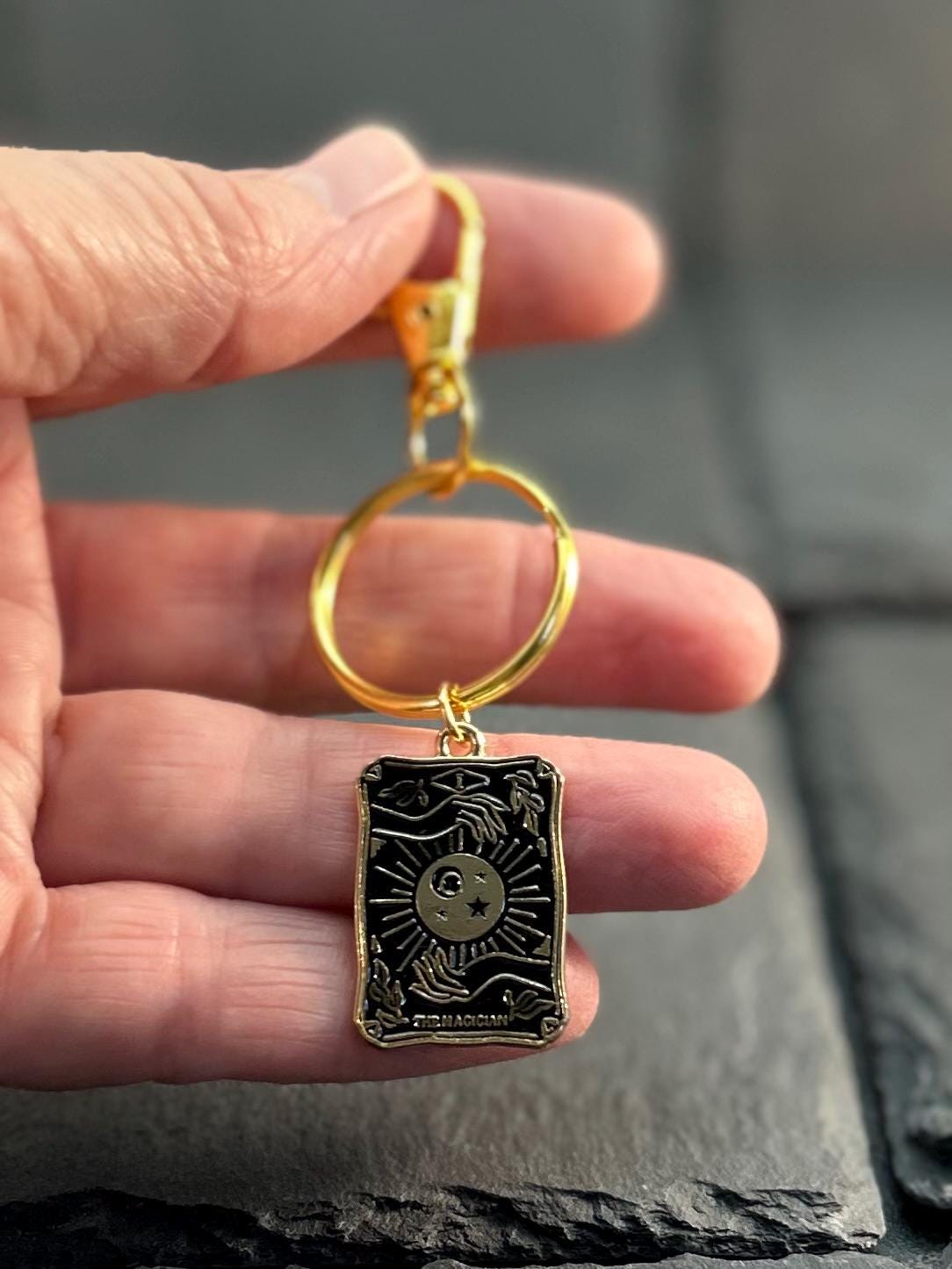 Tarot Card Keychain with Gift Card The Sun, Moon, Star, Death Card & More Gold Finish  Inspirational Tarot Gift , Purse Charm Backpack Charm