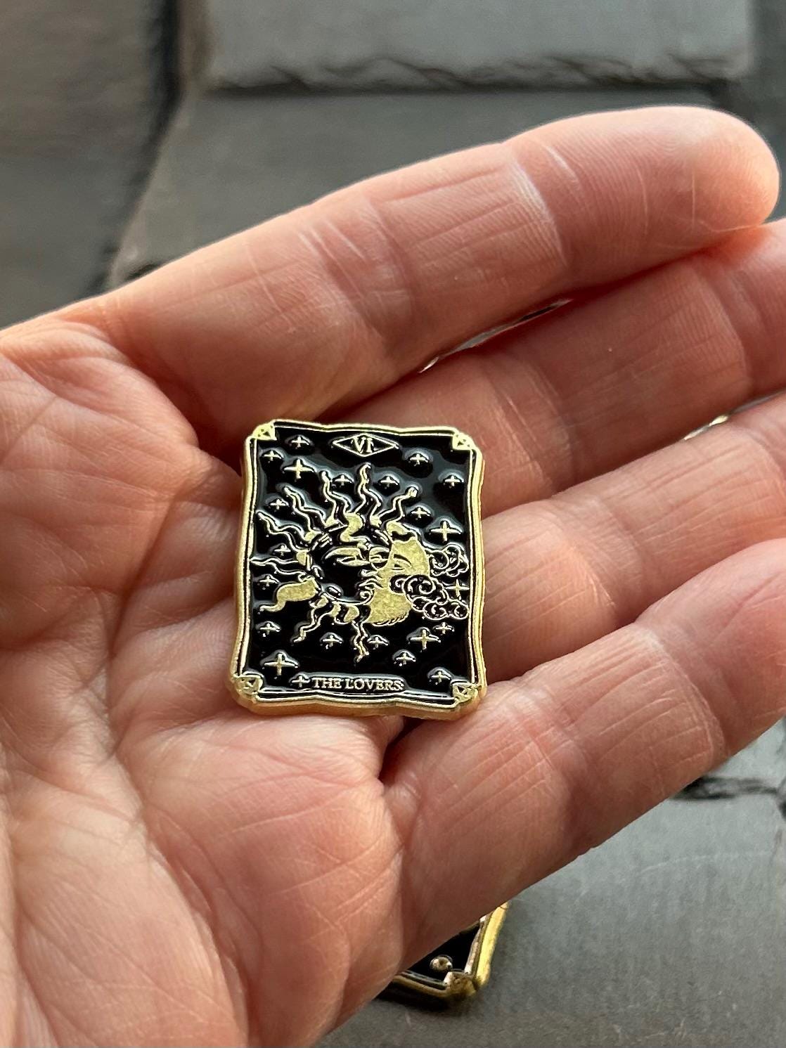Tarot Card Enamel Pin with Tarot Meaning Card Lapel Pin The Magician, The Lovers, Strength & More Spiritual Gift for Tarot Lovers Tarot Pin