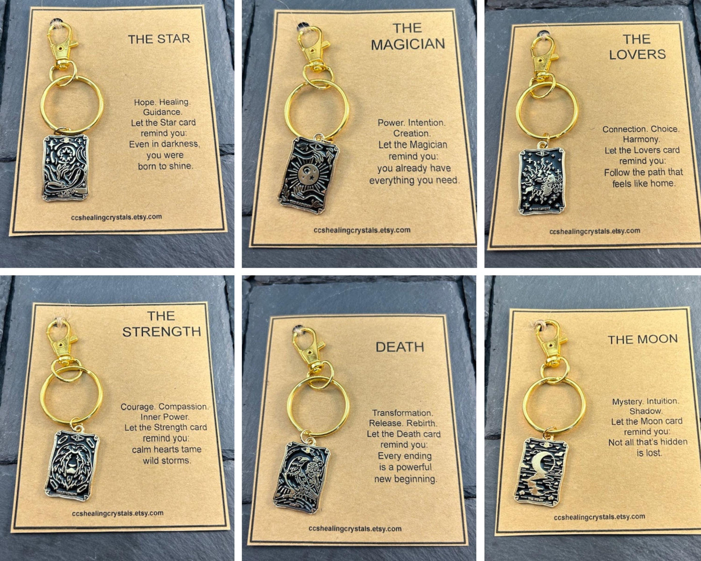 Tarot Card Keychain with Gift Card The Sun, Moon, Star, Death Card & More Gold Finish  Inspirational Tarot Gift , Purse Charm Backpack Charm